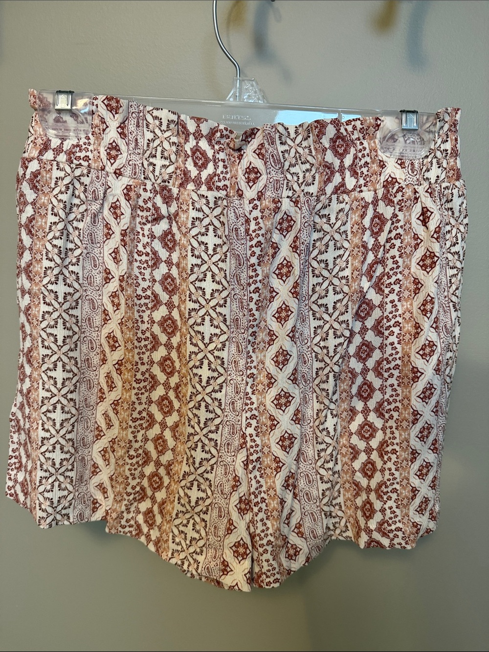Pink Rose Size Large Rust & Cream Boho Tie-Waist Shorts With Pockets - Picture 4 of 10